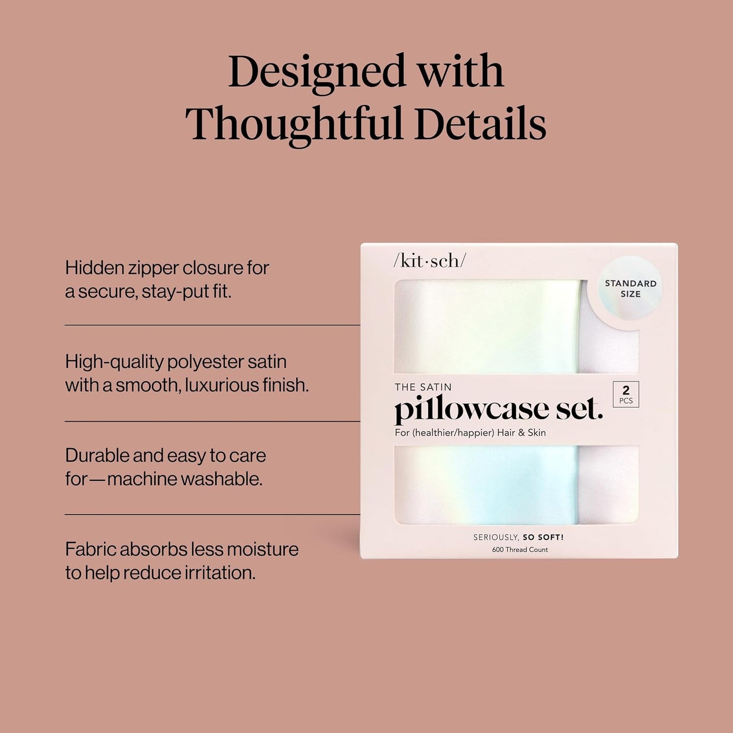 Kitsch Satin Pillowcase with Zipper for Hair & Skin - Softer Than Silk Pillow Cases, Smooth Cooling Satin Pillow Case, Wrinkle-Free, Machine Washable - Pillow Cases Standard Size (19x26) - Blush
