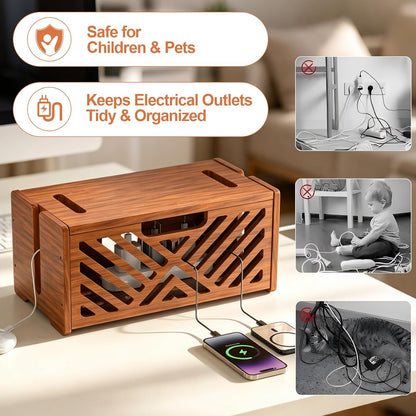 Extra Large Wooden Cable Management Box, 15.35 x 8.98 x 8.27 inches, Cord Hider Box with Cable Slots, Cable Organizer Box to Hide Power Strips, Surge Protector, Extension Cords for Desk & Floor
