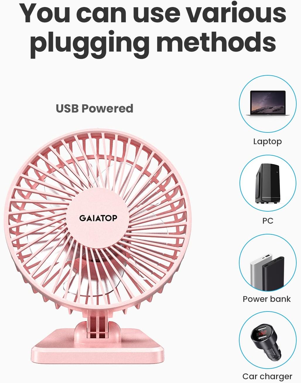 Gaiatop USB Desk Fan, Small But Powerful, Personal Portable Quiet 3 Speeds, Adjustable Mini Table Desktop fan for Cooling Home Office Car Summer Travel Gifts Blue