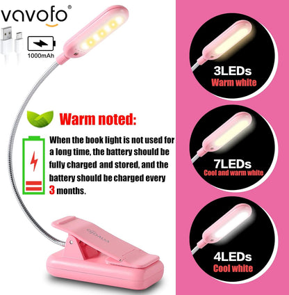 VAVOFO Clip On Book Light for Bed Kids, 7 LED Reading Light with 9-Level Warm Cool White Daylight, Eye Care Lamp with Power Indicator for Bookworms (Blue)
