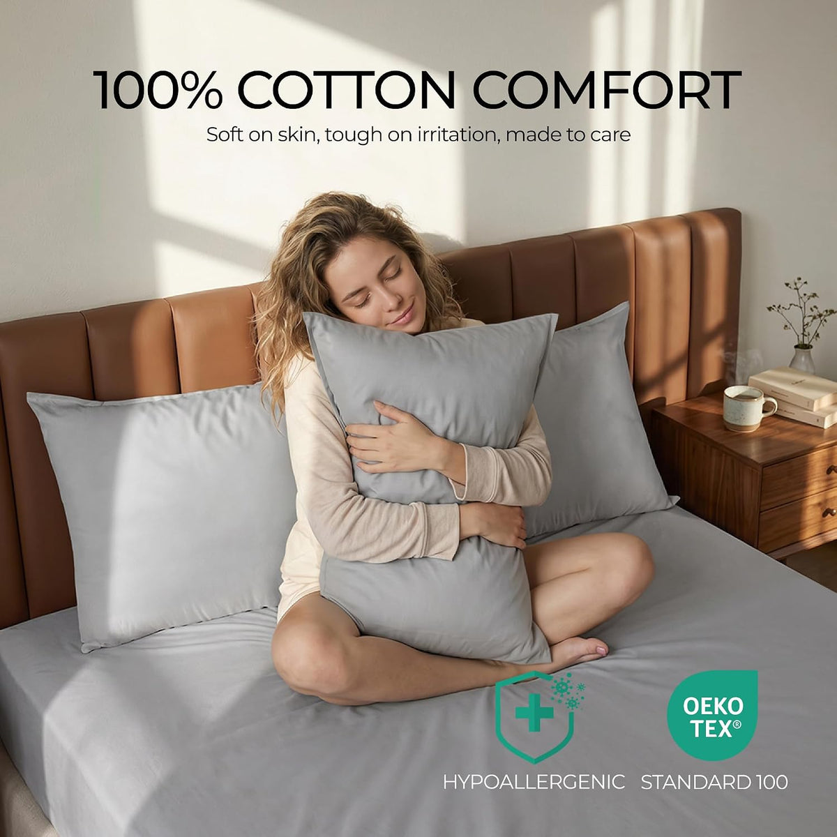 FAUNNA 100% Cotton Pillow Protectors, 600 Thread Count, Standard, 4 Pack
