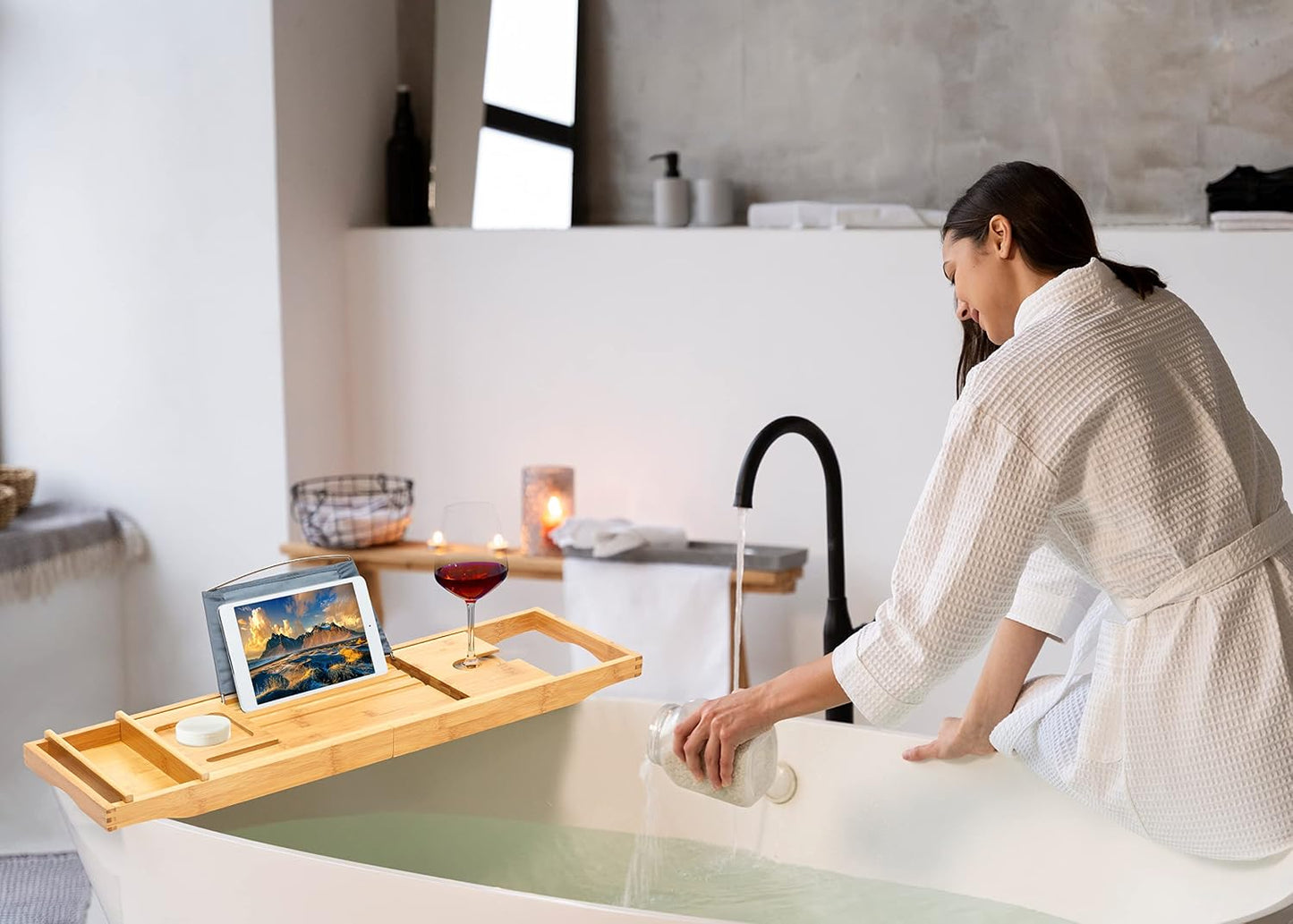 Bamboo Bathtub Caddy Tray, Expandable Bath Table Over Tub with Glass Book