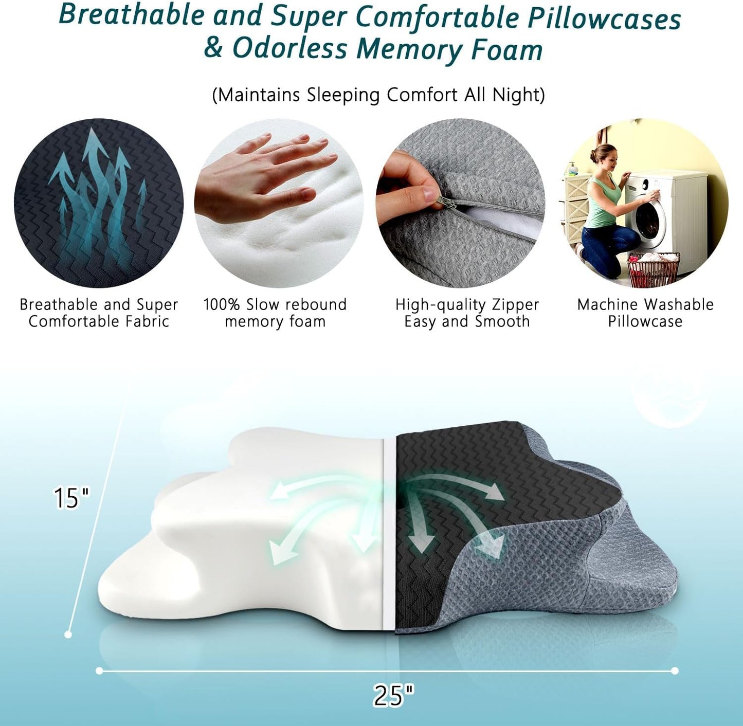 CHxxy Cervical Neck Pillow for Pain Relief Sleeping, Memory Foam Pillows, Ergonomic Side Sleeper Pillows, Cooling Orthopedic Neck Support Pillow for Back Stomach Sleepers-Queen Size Grey&Grey