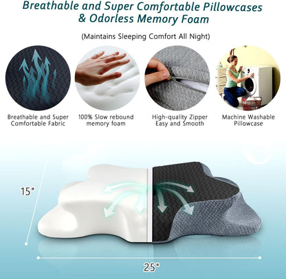 CHxxy Cervical Neck Pillow for Pain Relief Sleeping, Memory Foam Pillows, Ergonomic Side Sleeper Pillows, Cooling Orthopedic Neck Support Pillow for Back Stomach Sleepers-Queen Size Grey&Grey
