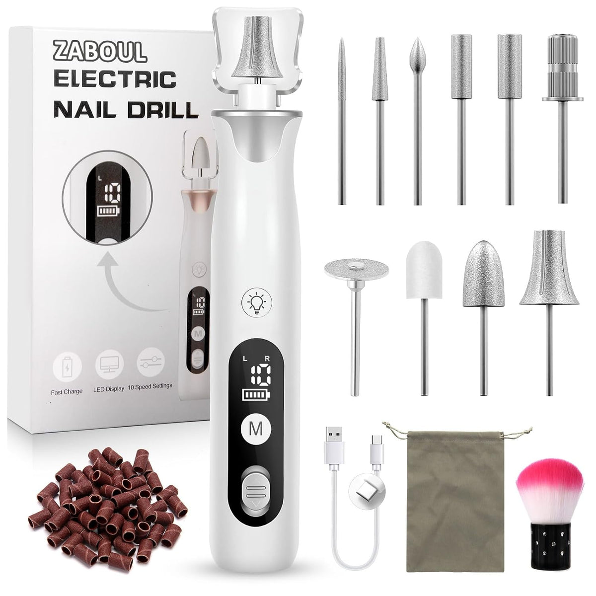 ZABOUL Electric Nail Drill, Professional Nail Filer Buffer Rechargeable Manicure Pedicure Kits for Acrylic Nails Gel Polishing Removing Manicure Salon Home