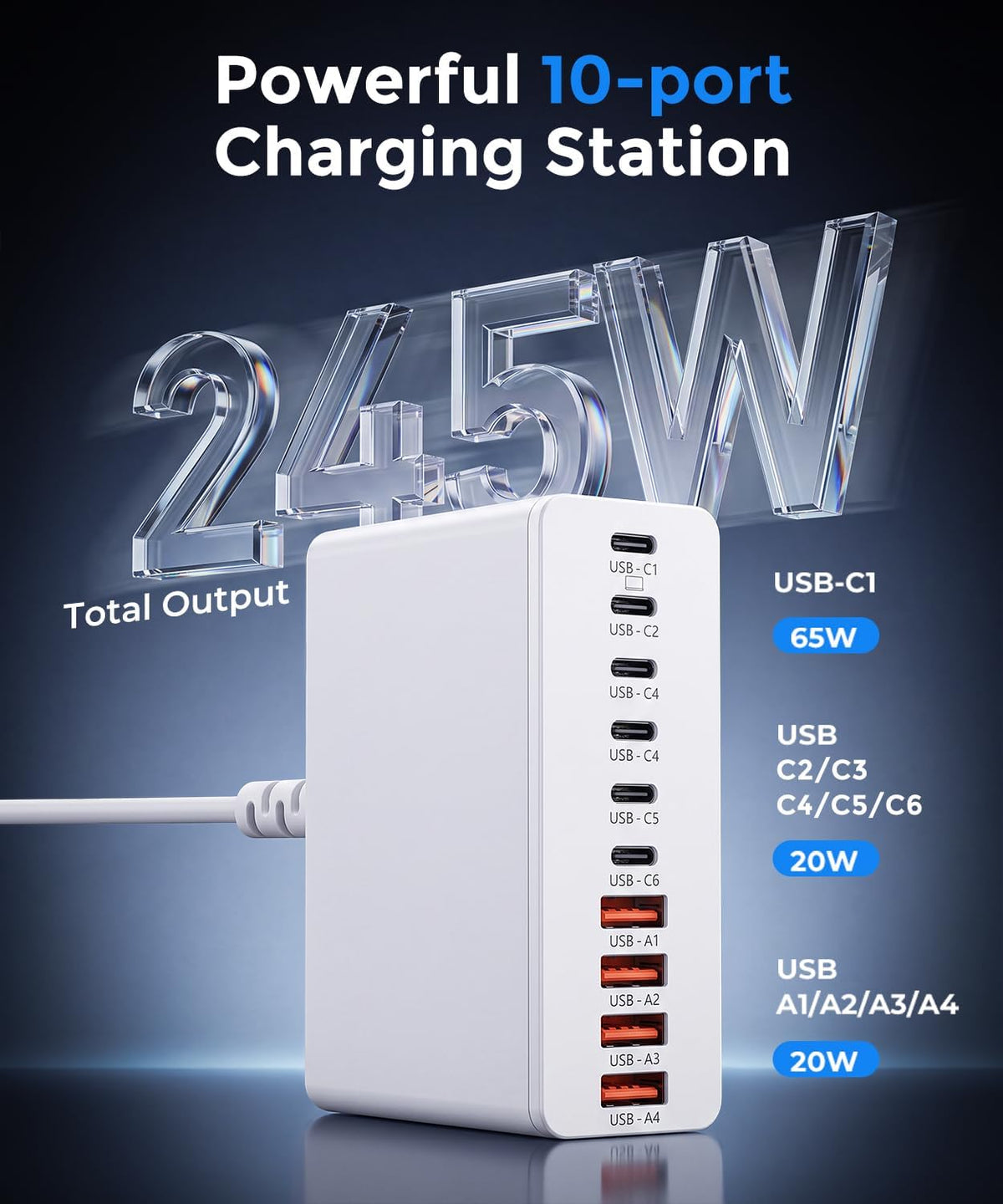 USB C Charging Station 10 Port with 4 Cables,245W GaN Charger Block