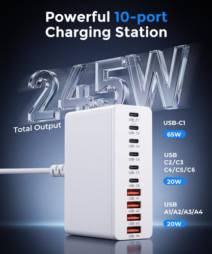 USB C Charging Station 10 Port with 4 Cables,245W GaN Charger Block