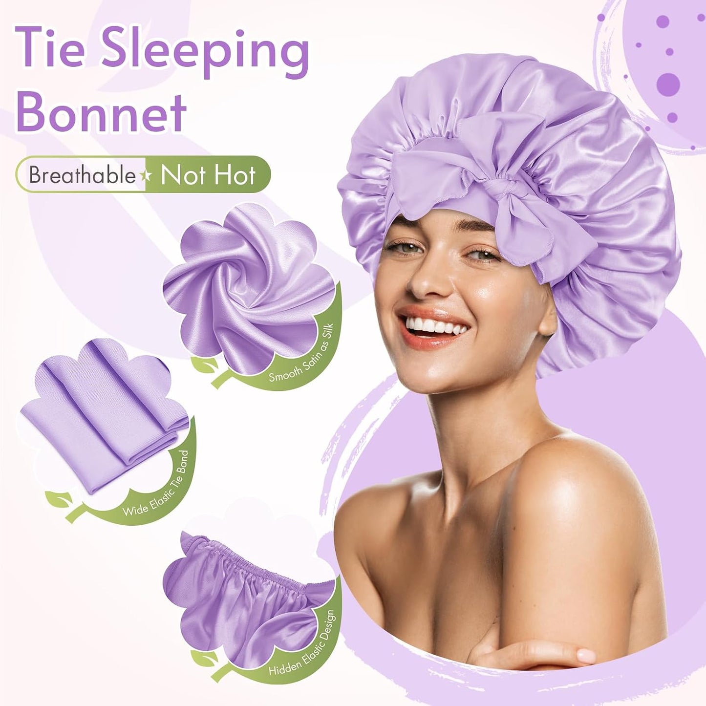 BONNET QUEEN Silk Bonnet for Sleeping for Women Satin Bonnet Night Cap for Curly Hair with Tie Band, Single Layer, Cream Pink