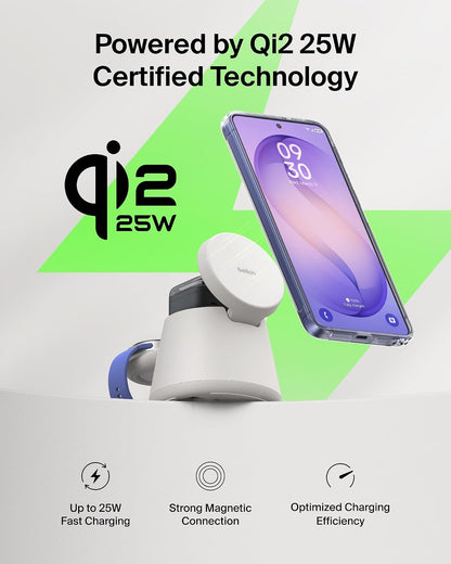 Belkin Qi2.2 25W Magnetic Wireless Charging Station, 3 in 1 Samsung Charger