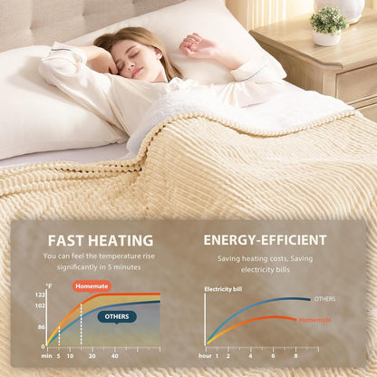 Homemate Heated Blanket Electric Throw - 50"x60" Heating Blanket Throw 1/2/4/6/8 Hours Auto-Off 10 Heat Levels Over-Heat Protection Soft Flannel Sherpa Heater ETL Certification