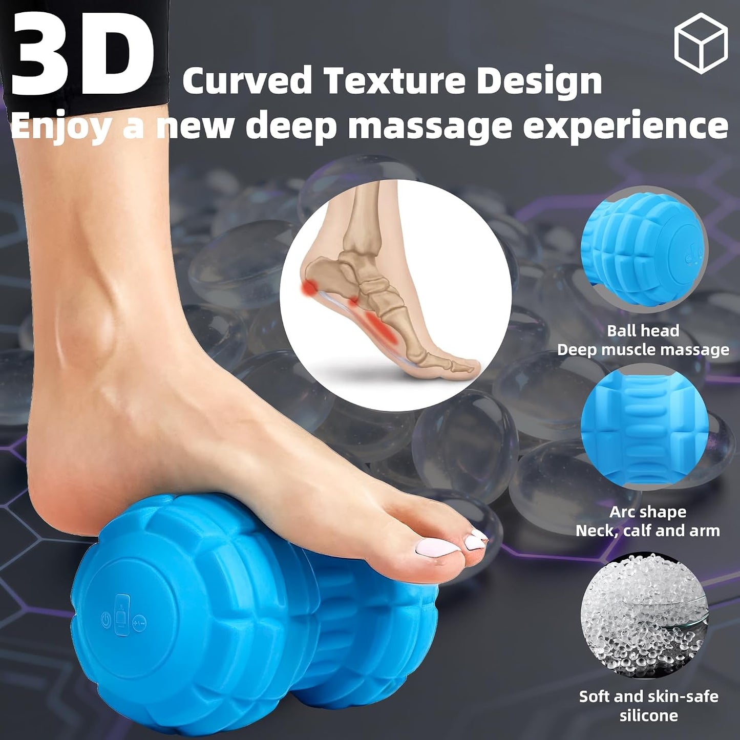 Vibrating Peanut Massage Ball – Back, Neck, Hip, Calf, Leg & Foot Muscle Roller, Trigger Point Massage Ball for Deep Tissue Myofascial Release, Silicone Shell, 4-Speed (Blue)