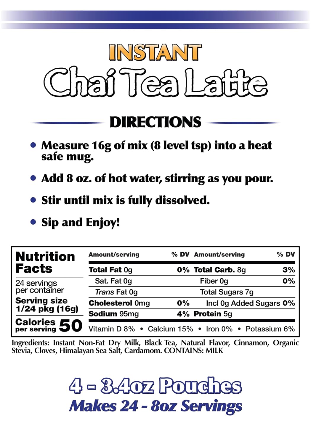 Gramzero Premium Chai Latte Powder Mix | Best Chai Drink Mix | No Sugar Added | Kosher | Stevia Sweetened | 20 Single Serve Packets | Each Packet Makes 8fl Oz Rich and Delicious Instant Chai Tea Latte