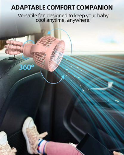 Portable Stroller Mini Fan, Small Rechargeable Personal Fan, Baby Travel Essentials for Wagon, Car Seat, Treadmill, Battery Powered Biking Gear Accessories, 360° Rotation, 3-Speed, Display, Black