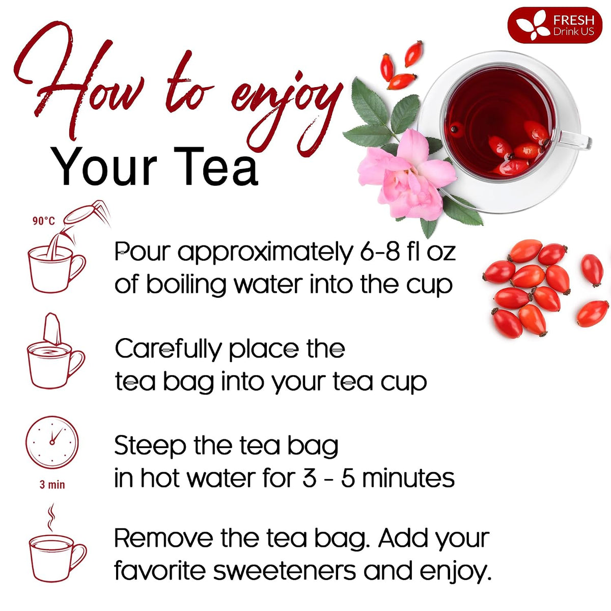 FreshDrinkUS, Premium 75 Rosehip Tea Bags, 100% Natural & Pure. Made with Eco-Conscious Tea Bags. No Sugar, No Caffeine, No Gluten, Vegan.