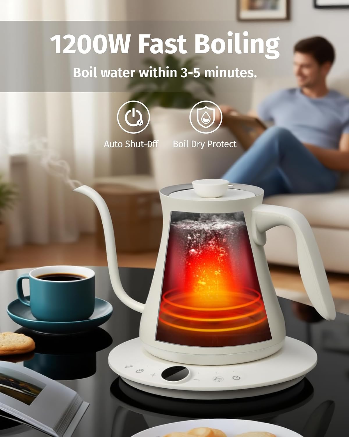INFOOD 0.8L Gooseneck Electric Kettle, Precise Temperature Control for Pour Over Coffee & Tea, 1200W Fast Boiling Water, Auto Shut Off, Scheduling, Stainless Steel, Floral Painted Design