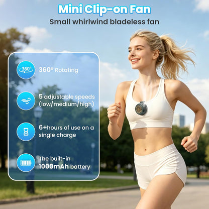 Portable Silent Mini Bladeless Fan Clip On, Adjustable 5 Speeds 360° Rotatable Clip on Fan for Shirt & Waist, USB Rechargeable Small Whirlwind Fans, For Outdoor & Travel & Office (White)
