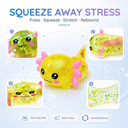 Axolotl Squishy Toy, Cute Glitter Stress Relief Fidget Toy, Soft Squeeze Sensory Toy for Kids Adults, Axolotl Squishy Stress Ball Anxiety Calming Desk Toy Party Favor Handheld Fidget (Yellow)