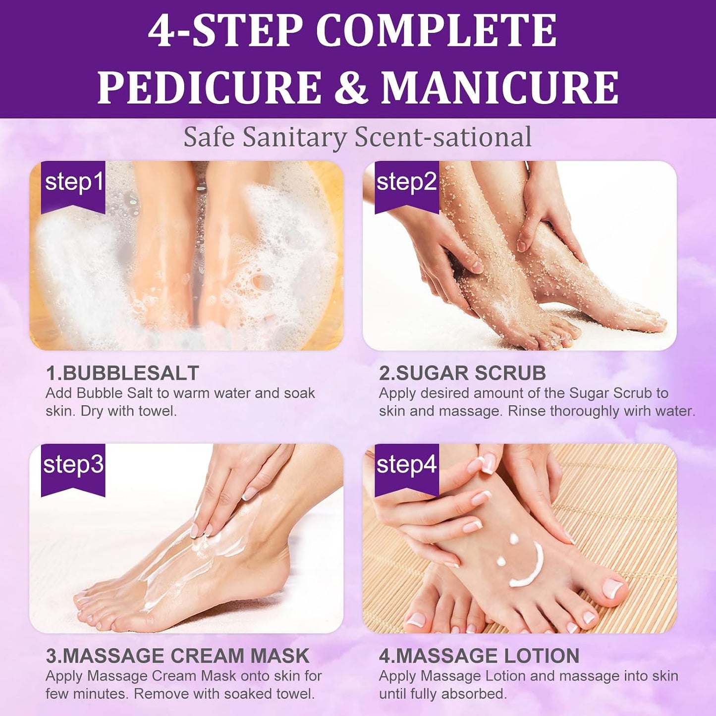 Pedicure Kit Foot Soak Set: Bubble Salt, Sugar Scrub, Massage Mask, Massage Lotion in a Box, 4 Step Foot Spa Kit for Dry Feet, Softens Calluses, Tired Feet（3 Set Lavender) - Colors B