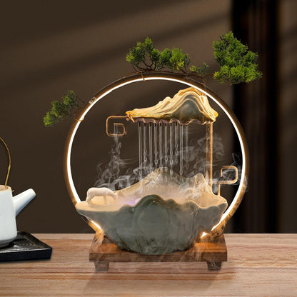 Mini Artificial Bonsai Tree Waterfall Fog Feature Rock Tabletop Fountain | 11in Desktop Decor Waterfall Fountain W/ Water Pump& Atomizer&LED Lights &Fake Tree Office Bedroom Relax
