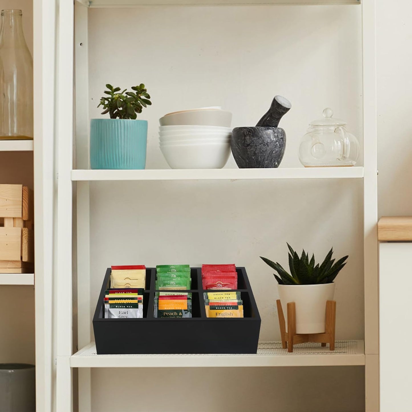 Tea Bag Box Black 6 Compartments Tea Organizer Storage Wood Drawer Station