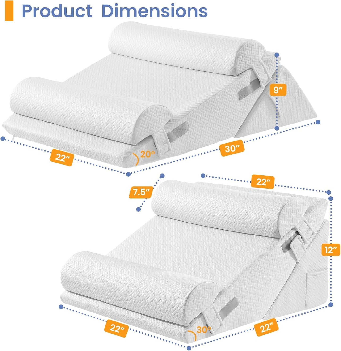 Sasttie Wedge Pillow Set for After Surgery, 2PCS Adjustable Bed Wedge Pillow Headboard with Memory Foam Neck Cushion – for Acid Reflux, Sleeping, Neck & Back Support, Dark Grey & White