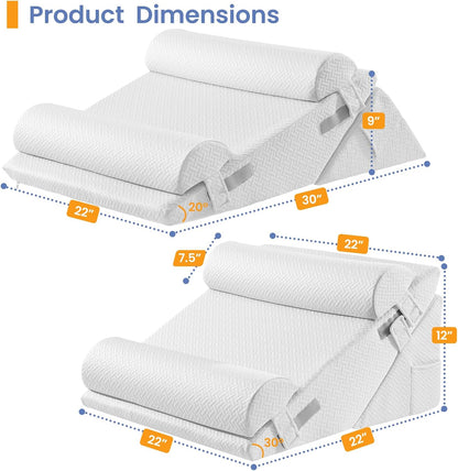Sasttie Wedge Pillow Set for After Surgery, 2PCS Adjustable Bed Wedge Pillow Headboard with Memory Foam Neck Cushion – for Acid Reflux, Sleeping, Neck & Back Support, Dark Grey & White