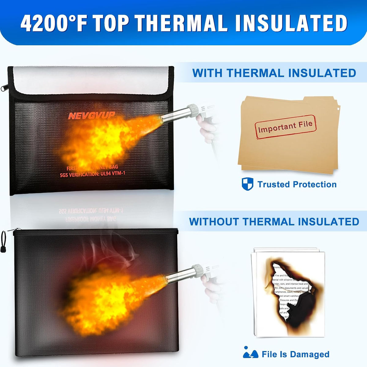 Upgraded 6200°F Fireproof Document Bag with Lock, Fire proof Money Bag for Cash with Zipper/Reflective Strip, 9 Layer of Heat Insulated Material, Water Resistant Fireproof Bags for Documents,Safe Bags