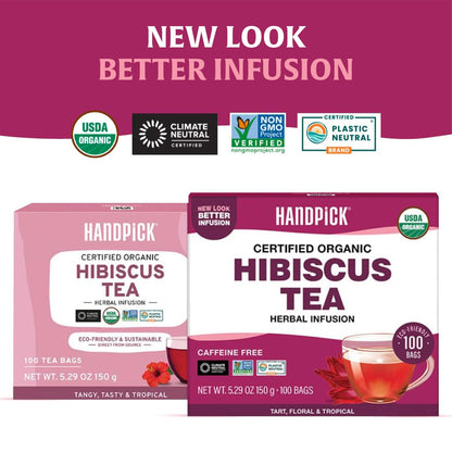 HANDPICK Organic Hibiscus Tea (100 Tea Bags) Pure Indian Hibiscus Flowers
