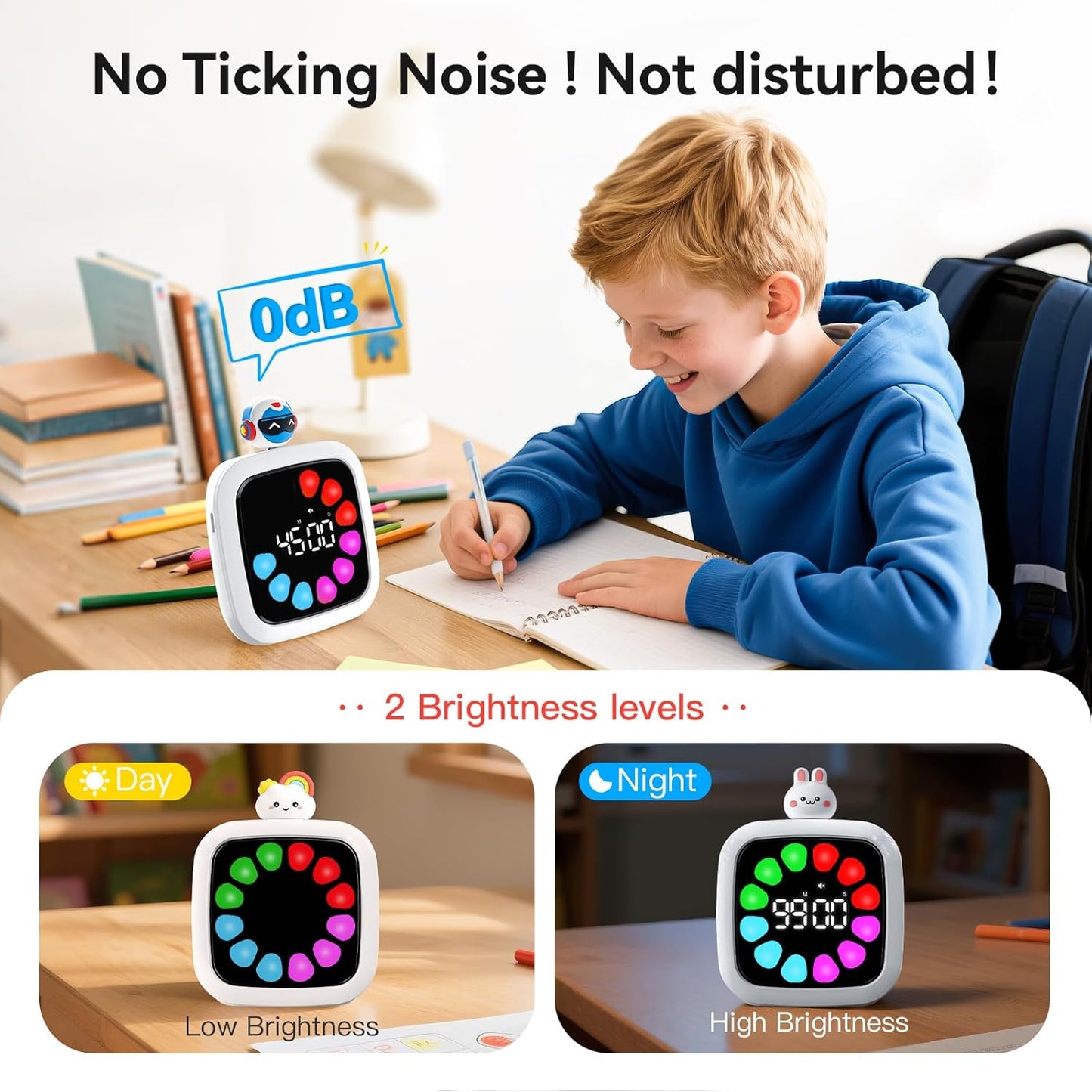 Yunbaoit Digital Visual Timer for Kids, Rechargeable 99-Minute Silent Countdown Timer with 19 Ringtones, 9 Optional DIY Color Star Display, Time Management Tool with Pause Function (Rainbow)