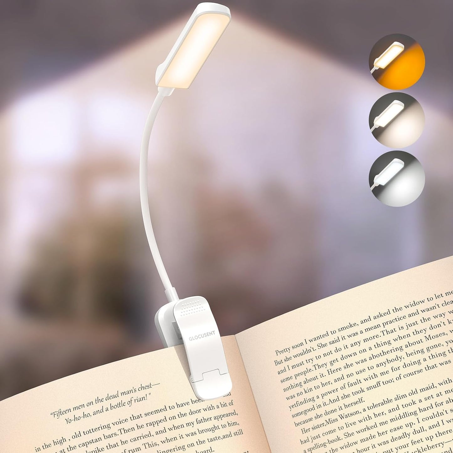 Glocusent 13 LED Reading Lights for Books in Bed, Eye-Caring Rechargeable Book Light 3 Amber Colors & Stepless Dimming, 120 Hrs Runtime, Travel Clip on Reading Lamp, Gifts for Book Lover Men Women Kid