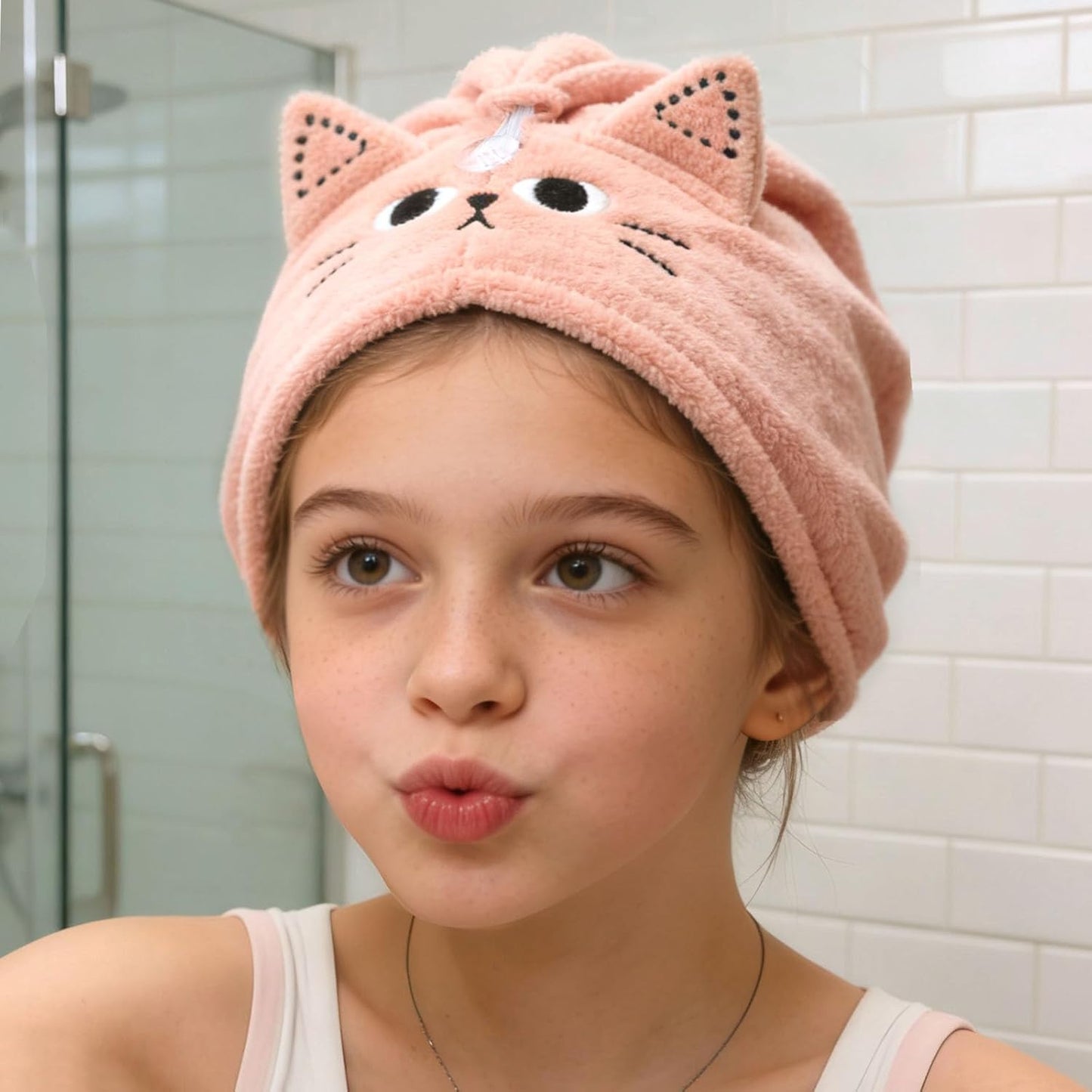 2Pack Microfiber Hair Towel Wrap for Kids, Cute Cat Absorbent Hair Drying Turbans Head Towels for Women Girls (Pink and Gray cat)