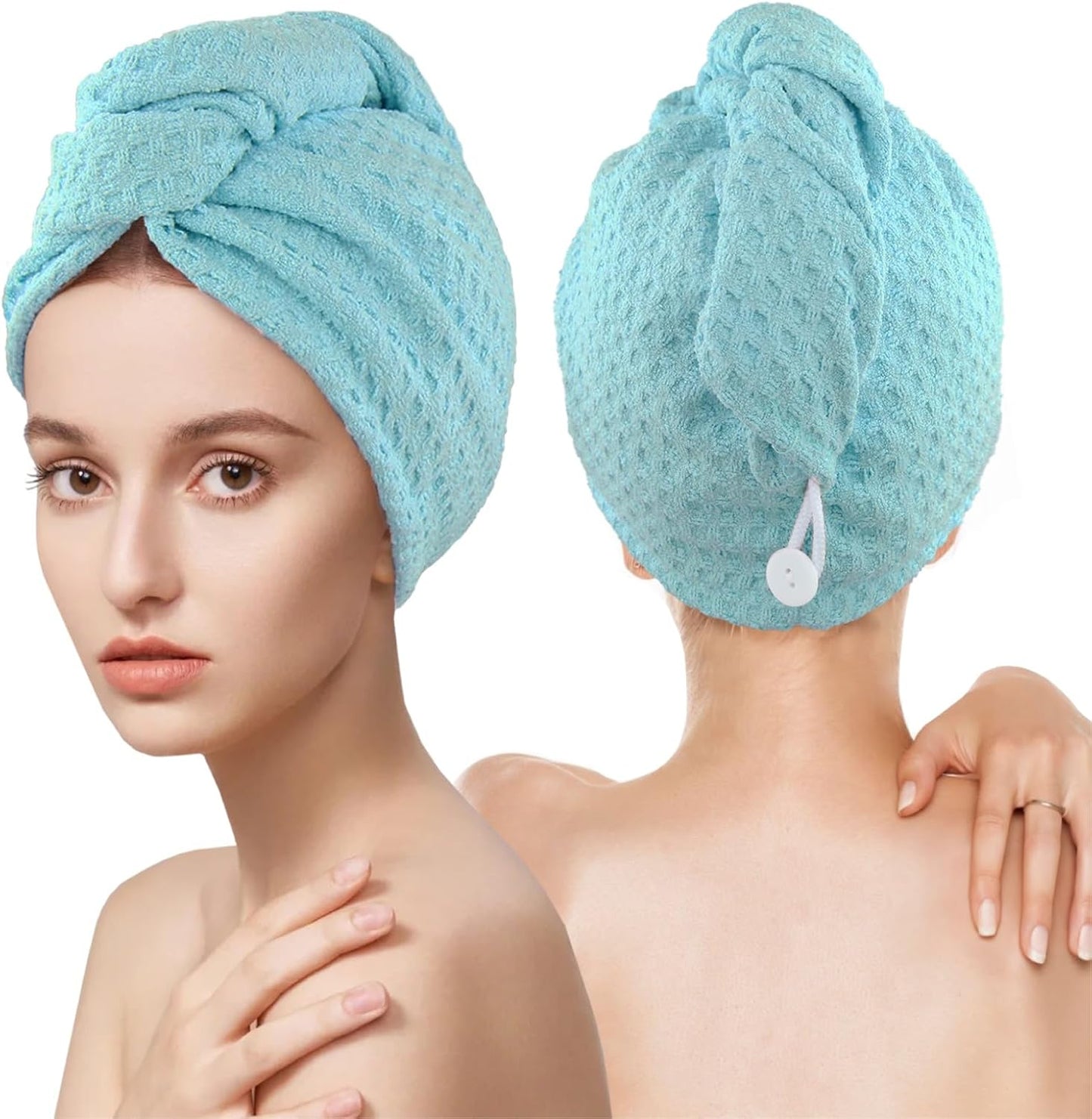MaopaoBeauty Hair Towel Wrap for Women Long&Thick Hairs Head Wrap 1Pack Super Absorbent Hair Drying White Waffle Bath Towels for Curly Quick Dry Hair Drying Towels with Button
