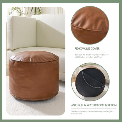 HIGOGOGO Round Stuffed Pouf Ottoman, Pu Leather Poufs with Foam Chunk Filling, Furry and Fluffy Pouf Foot Stool Storage Ottoman, 20 X 15 Floor Poufs Foot Rest for Living Room,Dark Brown