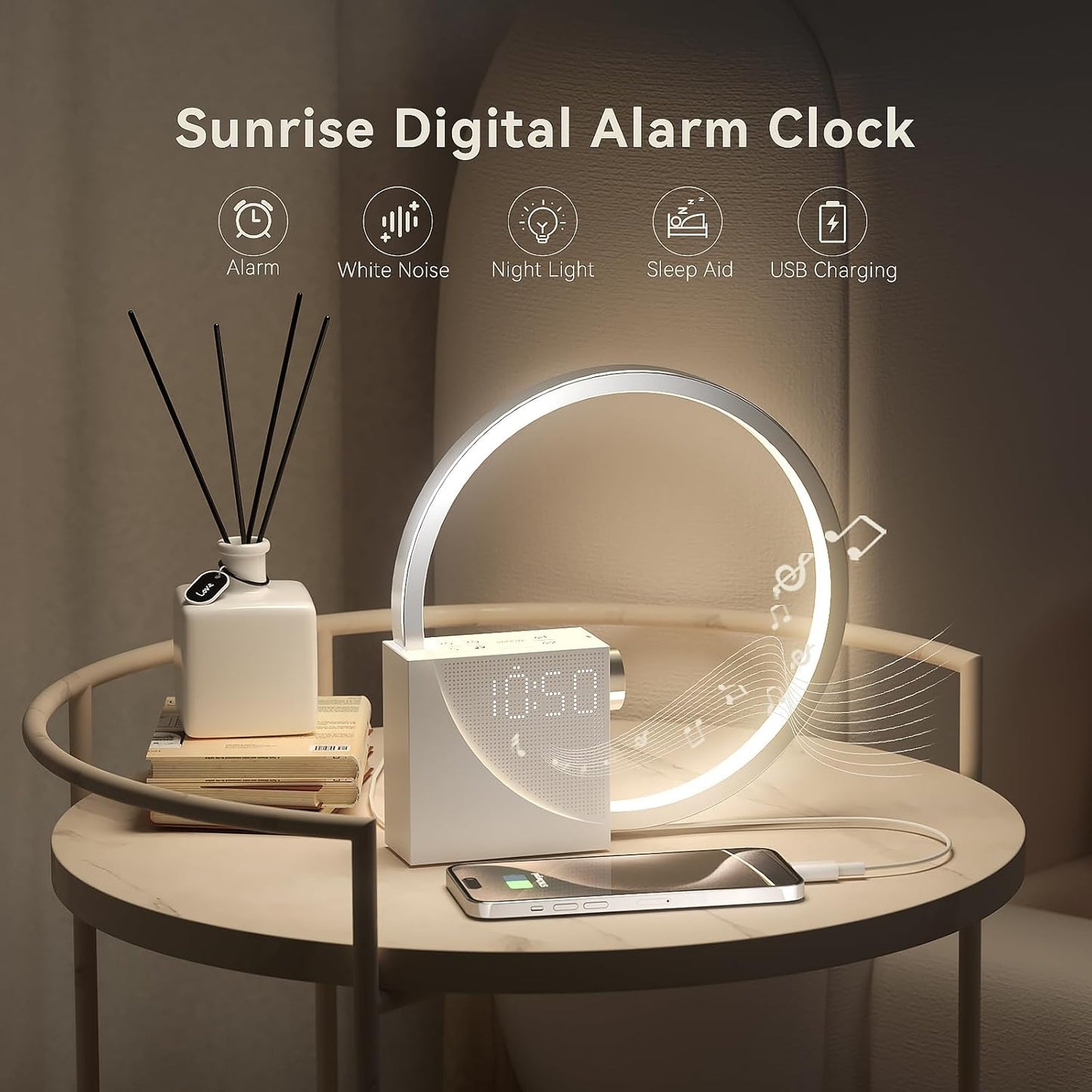 Vivilumens Sunrise Alarm Clock Sound Machine Nightlight, Gradual Wake Up Light, Digital Dimmable Clock, 10 White Noise Sleep Sounds, Snooze, Dual Clocks for Heavy Sleeper Adult, Decor Gifts for Women