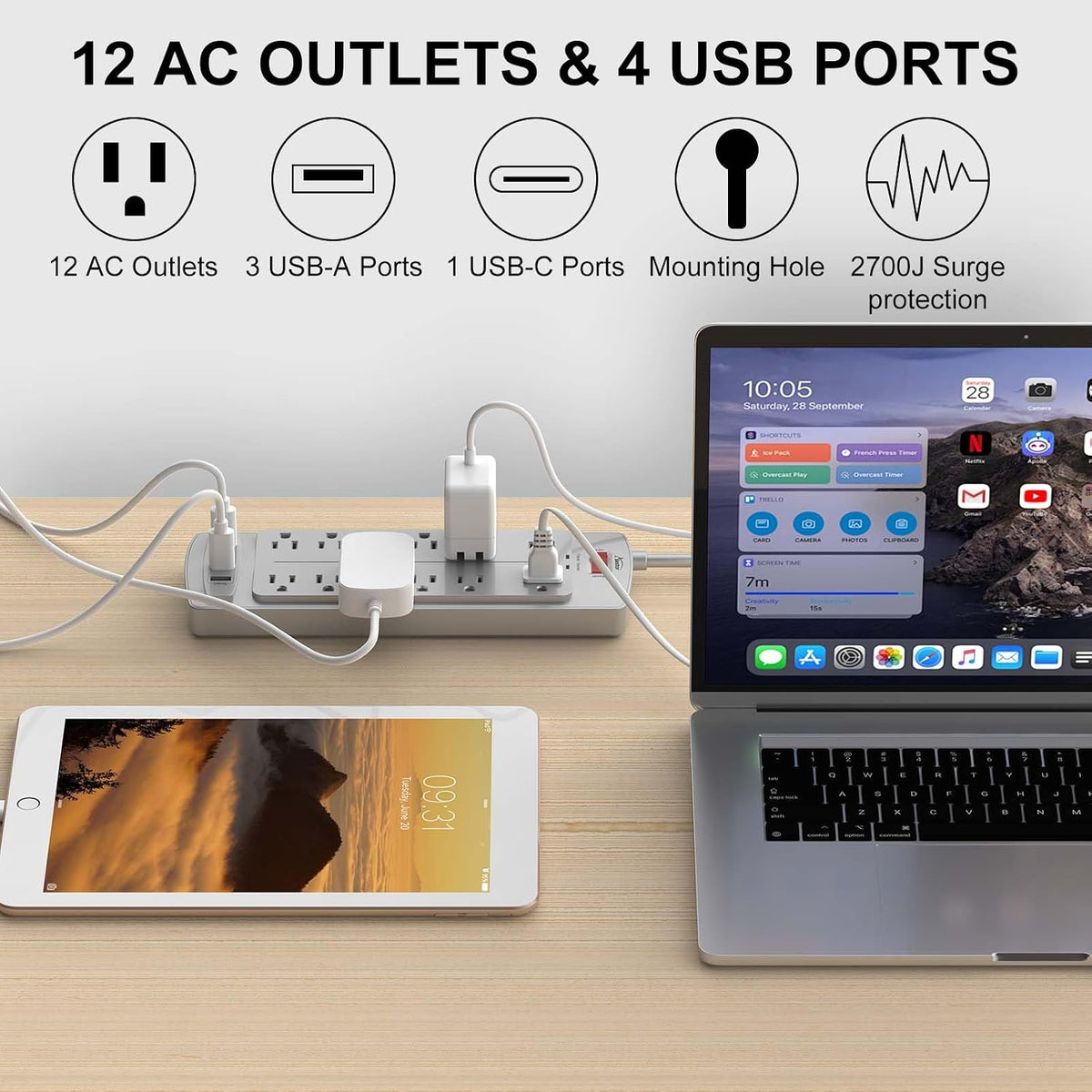 ALESTOR 6 Ft Surge Protector Power Strip with 12 Outlets and 4 USB Ports