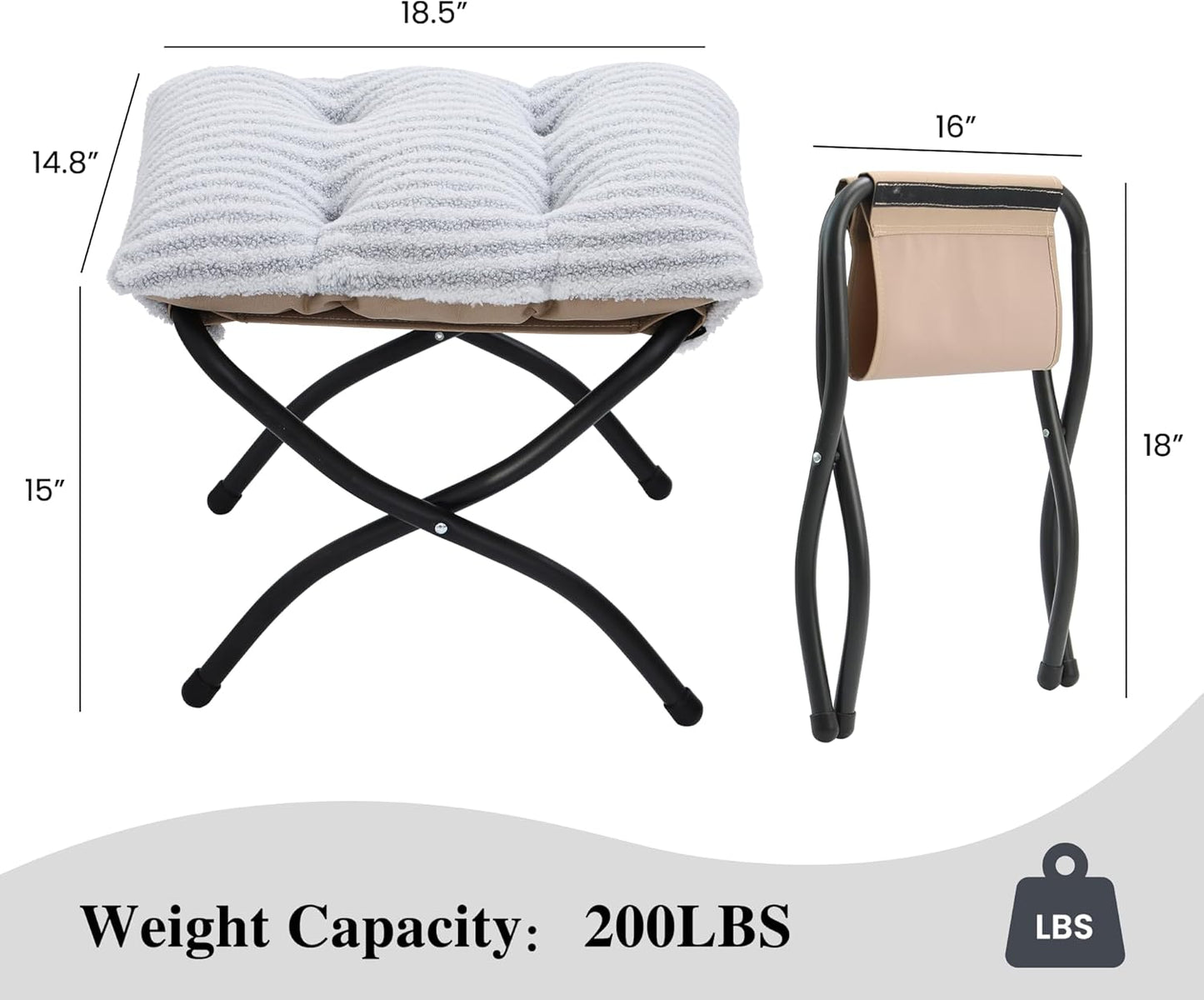 15"(H) Folding Ottoman, Foldable Footrest Stool, Portable Small Foot Stool for Couch, Collapsible Foot Rest Ottoman for Sofa, Accent Padded Ottomans for Living Room, Bedroom, Dark Grey