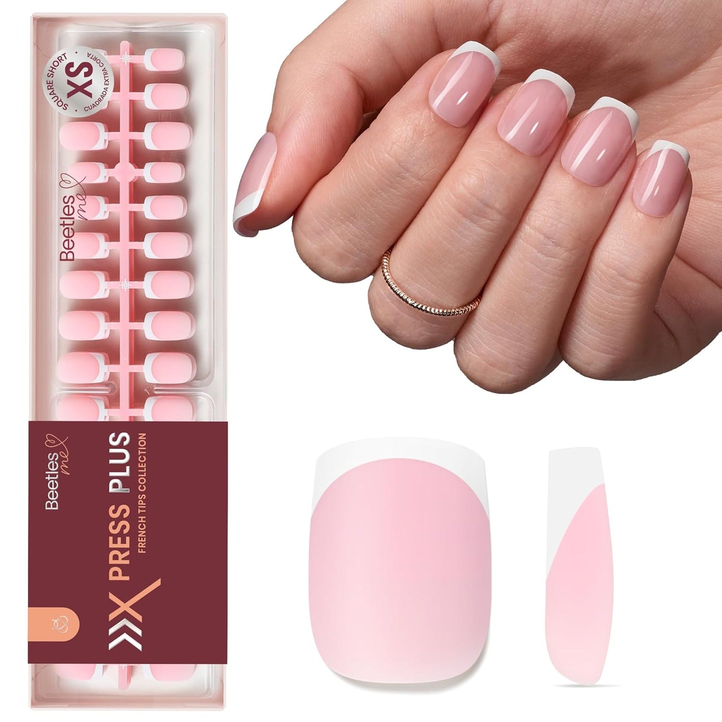 Beetles Press On Nail Kit-Short Square French Tip Press On Nails, 150Pcs Pink French Nail Tips with Nail Glue & Remover Builder Top Coat Nail Lamp, All-in-One DIY Fake Nails Gift for Women