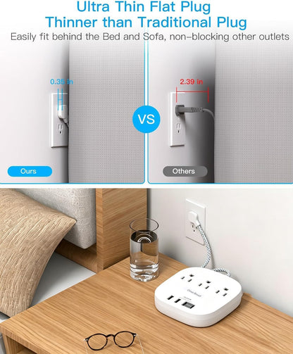 Travel Essentials, 22.5W/4.5A Flat Plug Power Strip, 6 Ft Extension Cord