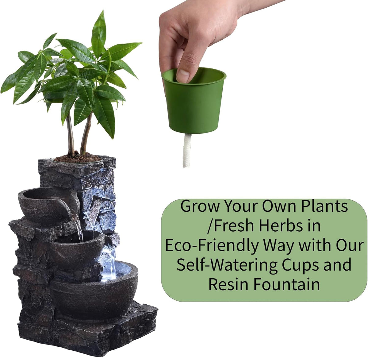 MAOCHI Indoor Tabletop Water Fountain with Planter Pot, Small Desk Waterfall with Cool LED Lights, Zen Decor for Office, Home & Bedroom, Calming Meditation Relaxation Gifts for Plant Lovers