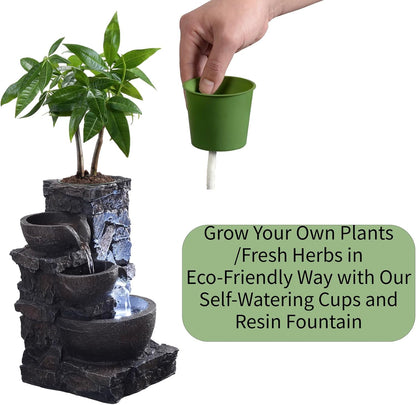MAOCHI Indoor Tabletop Water Fountain with Planter Pot, Small Desk Waterfall with Cool LED Lights, Zen Decor for Office, Home & Bedroom, Calming Meditation Relaxation Gifts for Plant Lovers
