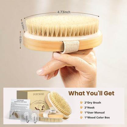 POPCHOSE Dry Brushing Body Brush, Natural Bristle Dry Skin Exfoliating Brush Body Scrub for Flawless Skin, Cellulite Reduction, Lymphatic Drainage and Blood Circulation Improvement