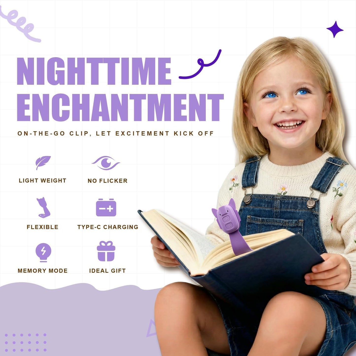 Rechargeable Kids Book Light, Cute Bookmark Reading Light for Kids, Dimmable Portable LED Book Light for Reading in Bed, Eye-Caring Bedtime Reading Lamp for Children & Travel, Black