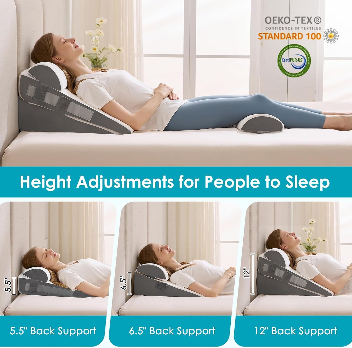 3Pcs Wedge Pillow Set for After Surgery,Acid Reflux Relief, Adjustable Bed Wedge Pillows for Sleeping,Anti Snore, Memory Foam Triangle Pillow for Back&Neck&Shoulder Pain Relief, White&Grey