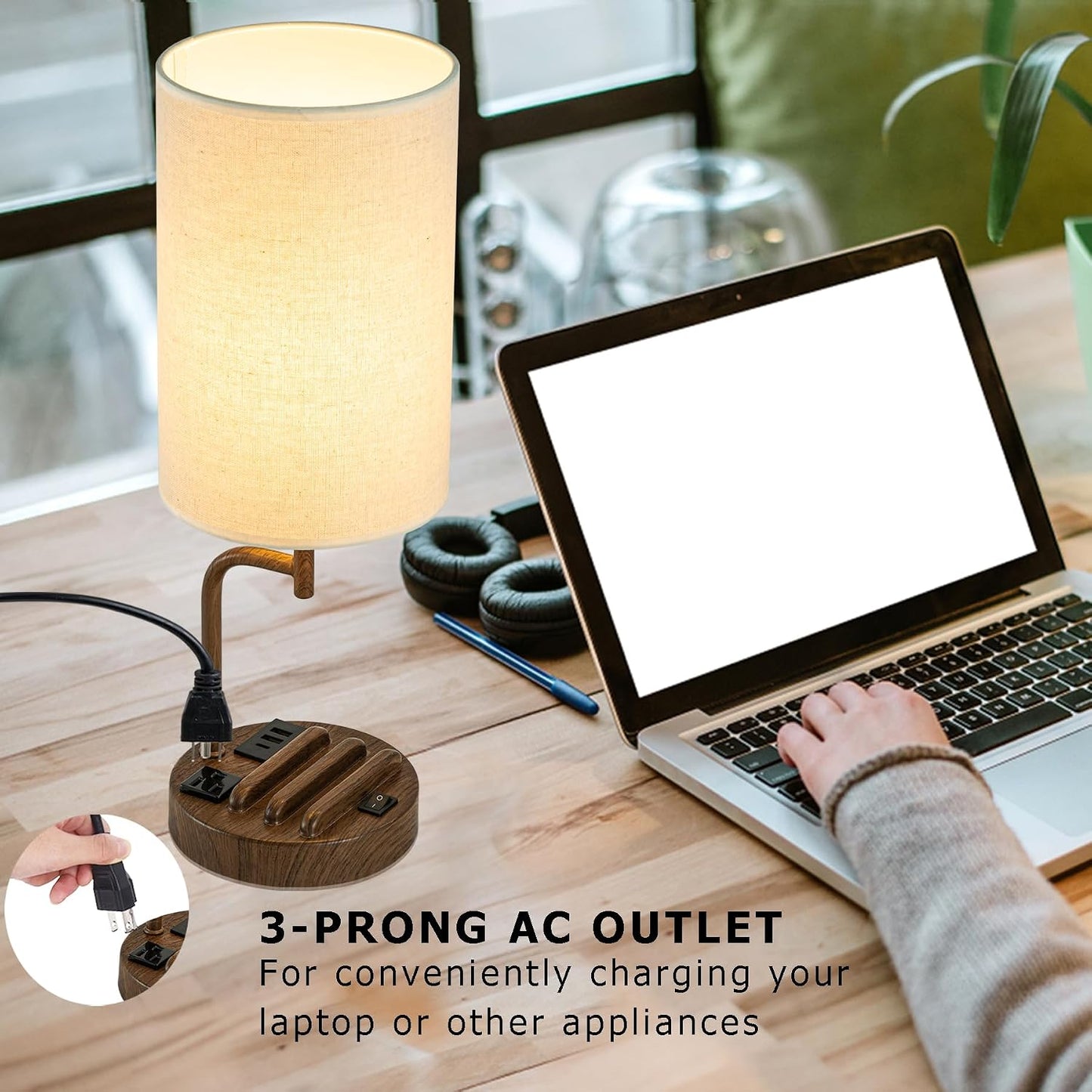 Dreamholder Table Lamp with 3 USB Charging Ports, Modern Desk Lamp with AC Outlet and Phone Stands, Perfect Bedside Lamp for Bedroom, Living Room, Office (Pack of 2), Cream