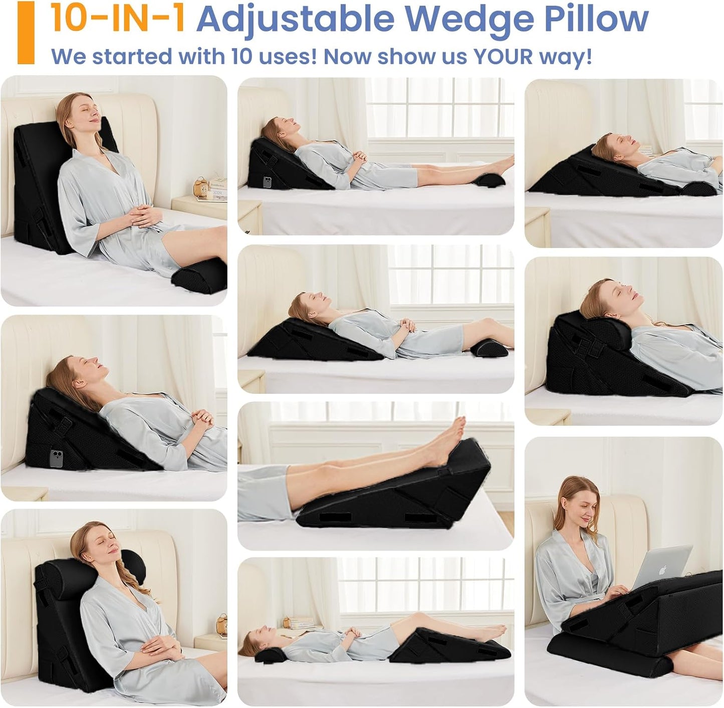 Sasttie Wedge Pillow Set for After Surgery, 2PCS Adjustable Bed Wedge Pillow Headboard with Memory Foam Neck Cushion – for Acid Reflux, Sleeping, Neck & Back Support, Dark Grey & White
