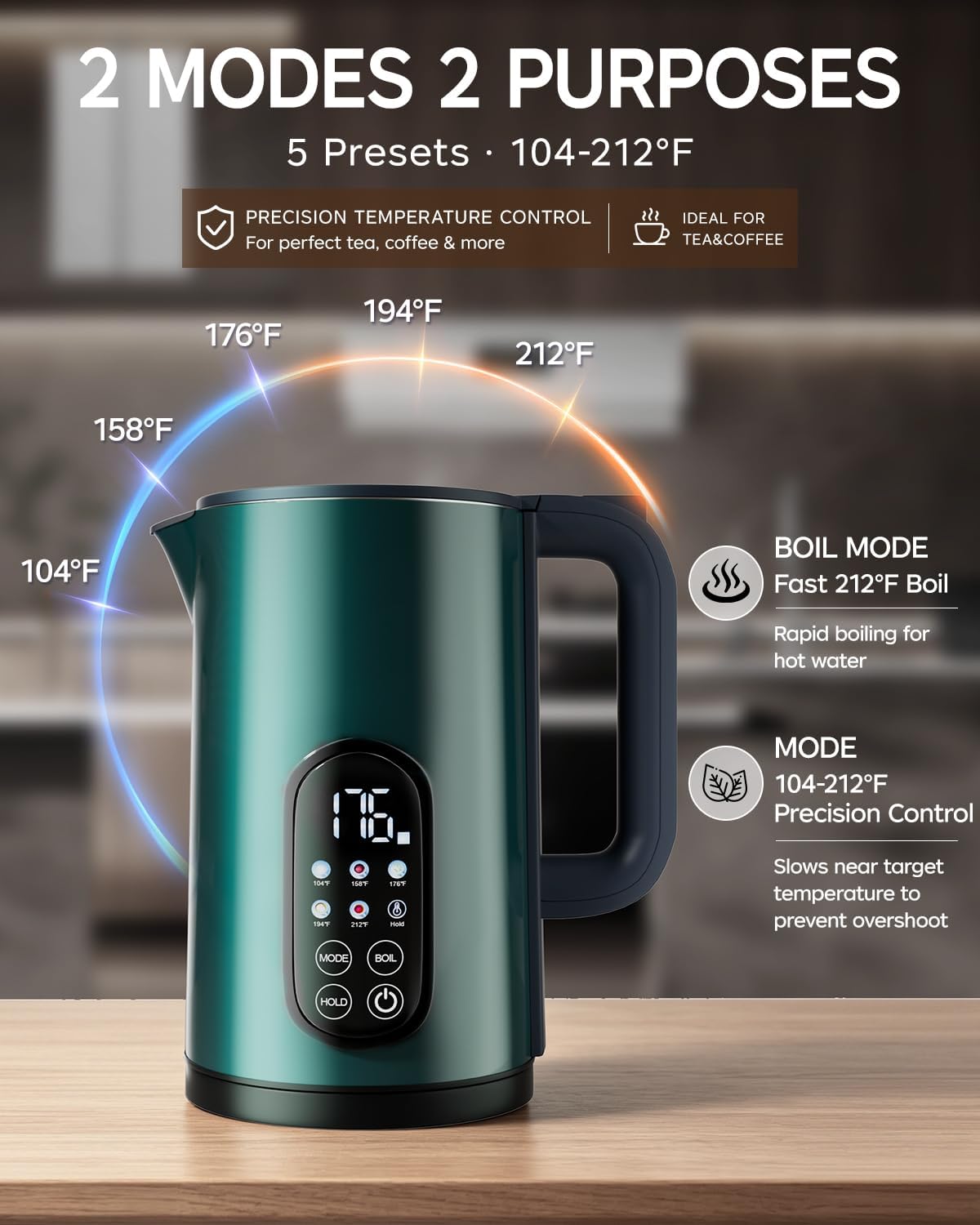 Electric Kettle with Temperature Control, 1.7L Hot Water Kettle for Tea, Coffee & Daily Use, 5 Presets, 2H Keep Warm, Stainless Steel Interior, Auto Shut-Off, Cordless Electric Tea Kettle, Blue