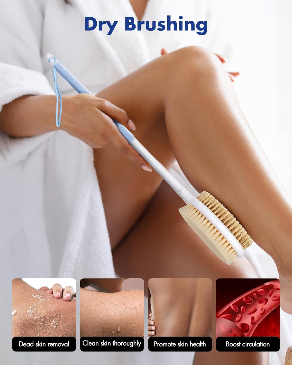 Dry Brushing Body Brush for Massage - Natural Boar Bristle Exfoliating Brush with Massage Nodes for Lymphatic Drainage, Cellulite, Blood Circulation Improving Skin Health for Women Men Elderly(Grey)