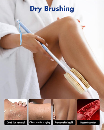 Dry Brushing Body Brush for Massage - Natural Boar Bristle Exfoliating Brush with Massage Nodes for Lymphatic Drainage, Cellulite, Blood Circulation Improving Skin Health for Women Men Elderly(Grey)
