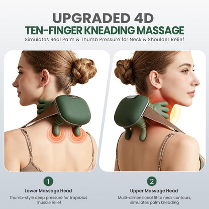 Upgrade 4D Neck and Shoulder Massager with Heat, Wireless Portable Bionic Massage with Real Human Hand Kneading, Neck Massager for Pain Relief Deep Tissue, Relax Muscle Tension(Emerald Green)