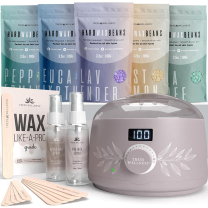 Tress Wellness Award Winning Waxing Kit for Sensitive Skin, Safe for Face & Skin, Easy to Use, At-Home Kit for Face, Bikini, Brazilian & Full Body - Digital Display, Black Purple Flower